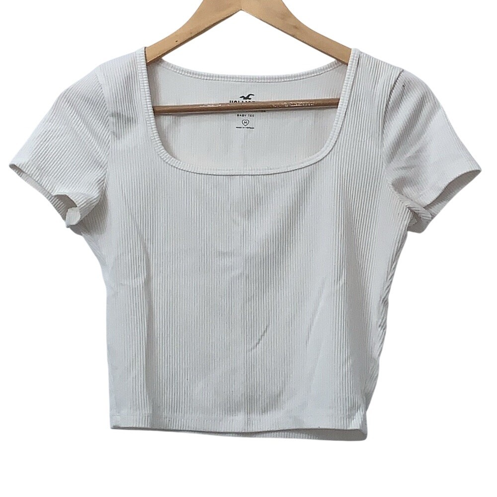 Hollister Must-Have Collection White Ribbed Square Neck Baby Tee Womens Medium